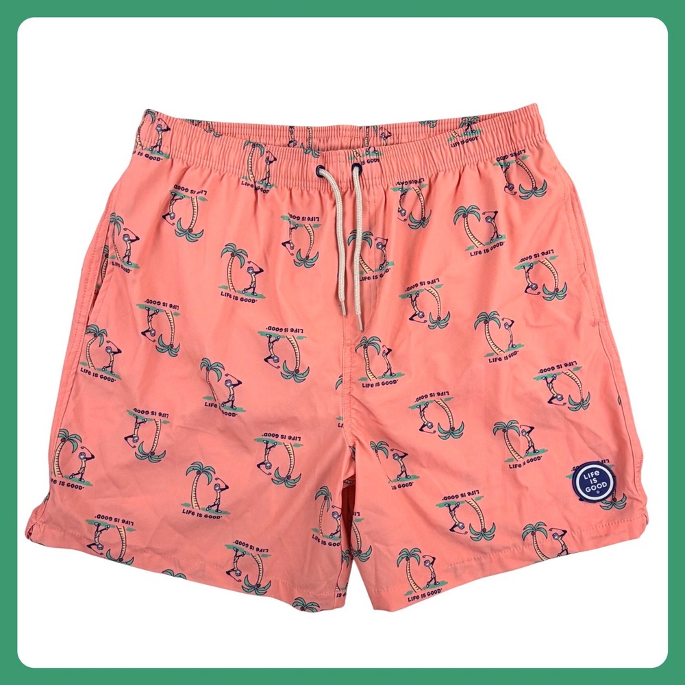 Life is Good Golf Palm Tree Swim Trunks Mens Medium Pink Mesh Lined Shorts
